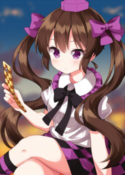 1girl black_bow black_bowtie black_skirt black_socks blurry blurry_background blush bow bowtie brown_hair buttons cellphone checkered_clothes checkered_skirt closed_mouth collared_shirt commentary_request completion_time crossed_bangs evening feet_out_of_frame flip_phone frilled_shirt_collar frills hair_between_eyes hair_bow hat highres himekaidou_hatate holding holding_phone kneehighs long_hair outdoors phone purple_bow purple_eyes purple_hat purple_skirt ruu_(tksymkw) shirt short_sleeves sidelocks sitting skirt socks solo tokin_hat touhou twintails two-tone_skirt white_shirt