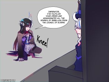 2girls absurdres asymmetrical_gloves black_shrug blue_dress colored_inner_hair dress earclip earrings furina_(genshin_impact) genshin_impact gloves head_ornament highres hiseki_(hisechu) honkai:_star_rail honkai_(series) hysilens_(honkai:_star_rail) jewelry mihoyo mismatched_gloves multicolored_hair multiple_girls pearl_earrings red_gloves see-through_body shrug_(clothing) streaked_hair underwater