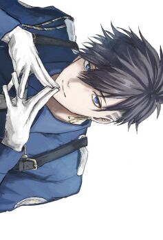 Rule 34 | 1boy, 2tbg, ananta, arms up, black hair, blue eyes, blue shirt, chest harness, closed mouth, gloves, hair between eyes, harness, long sleeves, looking to the side, male focus, male protagonist (ananta), shirt, short hair, sideways, sideways glance, simple background, smile, solo, white background, white gloves