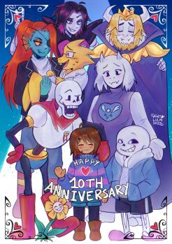 1other 3girls 4boys alphys anniversary asgore_dreemurr black_hair black_shorts blonde_hair blue_jacket blue_shorts blue_sweater boots brown_boots brown_hair cloak closed_eyes commentary crown delta_rune_(symbol) double_horizontal_stripe english_commentary english_text fangs fins fish_girl flower flowey_(undertale) frisk_(undertale) furry furry_female furry_male goat_boy goat_girl hands_in_pockets head_fins heart highres hood jacket long_hair mettaton mettaton_ex mittens multiple_boys multiple_girls papyrus_(undertale) pink_slippers ponytail purple_cloak purple_robe red_boots red_hair red_mittens reptile_girl robe sans_(undertale) shorts skeleton slippers smile sweater toriel undertale undyne utdr_(toby_fox) ventalizm white_hood yellow_flower