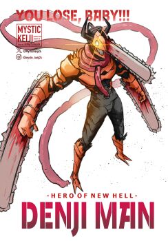 absurdres blood bloody_weapon chainsaw chainsaw_devil chainsaw_man commentary denji_(chainsaw_man) english_commentary facing_to_the_side highres horns intestine_clothing intestines male_focus multiple_boys mystickeiji24 open_mouth organs pull_cord scarf sharp_teeth simple_background solo spoilers teeth weapon