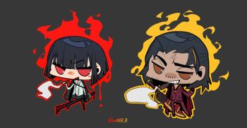 1boy 1girl aura black_hair blonde_hair blush bob_cut brown_eyes chibi cigar cigarette collared_shirt commentary_request formal_clothes grin hai000_0 highres holding holding_cigarette holding_sword holding_weapon jacket jacket_on_shoulders korean_commentary lcb_uniform_(project_moon) lei_heng_(project_moon) limbus_company long_sleeves looking_at_viewer multicolored_hair parted_bangs project_moon red_eyes red_shirt ryoshu_(project_moon) sheath sheathed shirt short_hair smile smoke standing streaked_hair suit sword teeth twitter_username veins weapon white_shirt