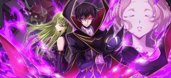 1boy 2girls artist_request ascot back-to-back bare_shoulders black_cape black_dress black_gloves black_hair black_helmet breasts brown_hair burai_(code_geass) burai_(zero_custom) c.c. cape closed_eyes closed_mouth coat code_geass code_geass:_lost_stories crossed_arms dress elbow_gloves eye_trail facing_viewer fire game_cg geass gloves glowing glowing_eye gold_trim green_eyes green_hair hair_between_eyes helmet high_collar highres holding holding_unworn_helmet lelouch_vi_britannia light_trail long_hair long_sleeves looking_at_viewer mecha medium_breasts multiple_girls non-web_source nunnally_vi_britannia official_art parted_lips purple_coat purple_eyes purple_fire robot serious short_hair sidelocks sleeveless sleeveless_dress standing two-sided_cape two-sided_fabric unworn_headwear unworn_helmet upper_body v-shaped_eyebrows white_ascot yellow_eyes