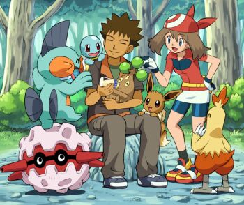 1boy 1girl bandana bike_shorts black_legwear blue_eyes bonsly bottle brock_(pokemon) brown_hair closed_eyes combusken day eevee feeding forretress gen_1_pokemon gen_2_pokemon gen_3_pokemon gen_4_pokemon gloves gym_leader hand_on_own_hip holding holding_bottle holding_pokemon marshtomp may_(pokemon) nintendo on_rock on_shoulder open_mouth outdoors poke_ball_print pokemoa pokemon pokemon_(anime) pokemon_(creature) pokemon_on_leg pokemon_on_shoulder pokemon_rse_(anime) red_bandana rock short_hair sitting smile socks squirtle standing tree two-tone_gloves
