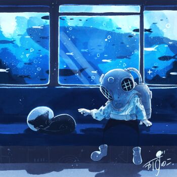 1other air_bubble artist_name black_cat boots bubble cat closed_eyes commentary diving_helmet fish fishbowl_helmet full_body gloves helmet highres kazunoko_(kazunoko_zunoco) looking_at_animal original other_focus oxygen_tank signature sitting sleeping train_interior underwear whale whiskers white_boots white_gloves window
