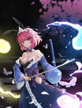 1girl absurdres animal_ears bare_shoulders black_leotard blue_dress bow bowtie breasts bug butterfly cleavage clothing_cutout commentary detached_collar dress egasumi feet_out_of_frame frilled_dress frilled_hairband frills ghost hairband highres hip_vent holding holding_sheath holding_sword holding_weapon honeycomb_(pattern) honeycomb_background insect katana large_breasts leotard off-shoulder_dress off_shoulder parted_lips petals pink_eyes pink_hair pink_petals pleated_skirt purple_bow purple_bowtie purple_sash rabbit_ears saigyouji_yuyuko saigyouji_yuyuko_(bunny_ghost_hoping_for_resurrection) sash sheath short_hair skirt solo sword touhou touhou_lostword triangular_headpiece weapon yeobi