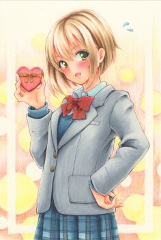 1girl blazer blush bow bowtie box brown_hair choppy_bangs commentary cowboy_shot diagonal-striped_bow diagonal-striped_bowtie diagonal-striped_clothes flying_sweatdrops green_eyes grey_jacket grey_skirt grey_sweater hand_on_own_hip hand_up heart-shaped_box highres holding holding_box jacket layered_sleeves long_sleeves looking_at_viewer marker_(medium) midori_(mira567) open_mouth original pink_background plaid_clothes plaid_skirt pleated_skirt red_bow red_bowtie school_uniform short_hair sidelocks skirt smile solo striped_bow striped_bowtie striped_clothes sweater traditional_media valentine wing_collar