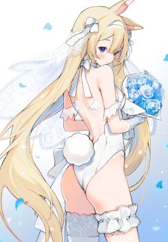 1girl animal_ears back_tattoo backless_leotard bare_back bare_shoulders beads blonde_hair blue_flower blue_rose bouquet bow bow_choker breasts choker closed_mouth cowboy_shot detached_sleeves flower from_behind gloves grey_gloves hair_bow hair_ribbon hairband heart highres holding holding_bouquet lace lace-trimmed_bow lace-trimmed_gloves lace-trimmed_leotard lace_sleeves lace_trim lace_veil leotard light_particles long_hair looking_at_viewer looking_back medium_breasts original playboy_bunny rabbit_ears rabbit_girl rabbit_tail ribbon rose short_sleeves shoulder_blades sideboob solo standing tail tattoo veil very_long_hair white_background white_bow white_choker white_hairband white_leotard white_ribbon white_sleeves white_veil wing_tattoo yenkoes