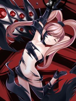 1girl amano_nene_(digimon_xros_wars) armpits arms_up bare_shoulders black_shoes breasts brown_hair clenched_teeth commentary_request corruption dark_persona digimon digimon_(creature) digimon_xros_wars extra_eyes fusion high_heels high_ponytail k0n0n living_clothes long_hair looking_at_viewer navel nipples one_eye_closed ponytail possessed possession red_background red_eyes revealing_clothes ringed_eyes shademon_(nene_ver.) shoes single_wing small_breasts solo split_ponytail standing standing_on_one_leg stomach swept_bangs teeth wings