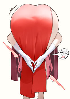 1girl absurdres amen_pose_(meme) aru_(blue_archive) aru_(dress)_(blue_archive) ass ass_focus bent_over blue_archive commentary dress feet_out_of_frame from_behind frontbend gloves halo highres jacket kang_mura long_hair meme official_alternate_costume pink_hair presenting_own_ass presenting_own_body red_dress red_halo red_jacket side_slit simple_background solo speech_bubble spoken_expression white_background white_gloves