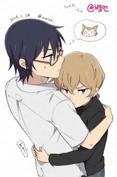 2boys black_hair black_shirt boku_dake_ga_inai_machi brown_eyes brown_hair commentary_request dated fujinuma_satoru glasses hair_between_eyes highres hug kobayashi_kenya mairu_(582284310) male_focus multiple_boys rectangular_eyewear shirt short_hair simple_background speech_bubble thought_bubble time_paradox translation_request white_background white_shirt