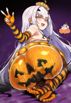 1girl absurdres anus ass bare_shoulders bikini blush bodypaint breasts ebora elbow_gloves fate/grand_order fate_(series) fingerless_gloves forked_eyebrows gloves hat highres kneeling long_hair looking_at_viewer melusine_(fate) micro_bikini open_mouth orange_bikini orange_gloves orange_hat orange_skirt orange_thighhighs pumpkin_costume pussy sidelocks skirt small_breasts smile solo striped_clothes striped_gloves striped_thighhighs swimsuit thighhighs thighs white_hair yellow_eyes