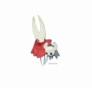 1girl 1other arthropod_girl artist_name black_eyes carrying carrying_person chinese_commentary cloak commentary_request film_grain full_body grey_cloak half-siblings highres hightguy holding holding_weapon hollow_knight hornet_(hollow_knight) horns knight_(hollow_knight) nail_(hollow_knight) red_cloak simple_background standing weapon white_background
