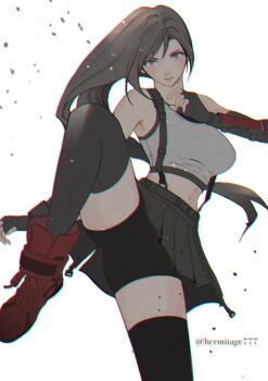 1girl armpits bare_shoulders bike_shorts_under_skirt black_gloves black_hair black_skirt black_sports_bra black_thighhighs boots breasts closed_mouth crop_top debris elbow_gloves fighting_stance final_fantasy final_fantasy_vii final_fantasy_vii_remake fingerless_gloves foot_out_of_frame gloves ha_lu77 hashtag-only_commentary large_breasts leg_up long_hair looking_at_viewer low-tied_long_hair midriff red_boots red_eyes simple_background single_arm_guard skirt solo sports_bra standing standing_on_one_leg suspender_skirt suspenders tank_top thighhighs thighs tifa_lockhart twitter_username white_background white_tank_top