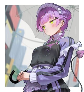 1girl blush braid demon_tail double_bun ear_piercing godoaru green_eyes hair_bun holding holding_umbrella hololive jacket jersey_maid jewelry maid maid_headdress piercing purple_hair purple_nails rain ring tail tokoyami_towa tokoyami_towa_(jersey_maid) track_jacket twin_braids umbrella unconventional_maid virtual_youtuber