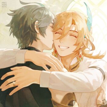 2boys alhaitham_(genshin_impact) armlet blonde_hair commentary driftwoodwolf earrings english_commentary eyelashes genshin_impact grey_hair grin hug jewelry kaveh_(genshin_impact) male_focus multiple_boys ring shirt short_hair smile white_background white_shirt yaoi