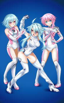 3girls ahoge albyee blanc_(neptunia) blue_background blue_eyes blue_hair breasts choujigen_game_neptune covered_pussy elbow_gloves full_body gloves highres leotard multiple_girls neptune_(series) pink_hair ram_(neptunia) red_eyes restrained rom_(neptunia) short_hair_with_long_locks siblings sisters small_breasts standing struggling thighhighs white_gloves white_heart_(neptunia) white_leotard white_sister_ram white_sister_rom white_thighhighs