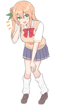 1girl :d absurdres akane_souichi blue_skirt blush bow bowtie brown_shoes brown_sweater_vest brushing_hair brushing_own_hair collared_shirt commentary dot_nose double-parted_bangs full_body green_eyes green_ribbon hair_between_eyes hair_bun hair_ribbon hand_on_own_knee hand_up highres hinatsuki_mikan kneehighs knees_together_feet_apart leaning_forward loafers long_hair looking_at_viewer machikado_mazoku miniskirt one_side_up open_mouth orange_hair pleated_skirt red_bow red_bowtie ribbon shirt shoes short_sleeves sidelocks simple_background single_side_bun skirt smile socks solo standing sweater_vest white_background white_shirt white_socks