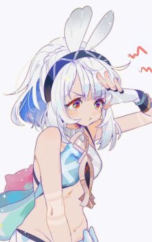 1girl bare_shoulders blue_hair blue_hairband blue_headband braid breasts dark_skin fingerless_gloves fish-shaped_pupils genshin_impact gloves hairband headband highres long_hair mualani_(genshin_impact) red_eyes siomimi smile solo white_hair