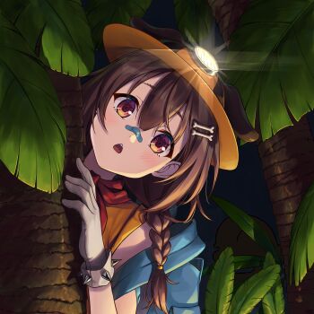 1girl :d absurdres animal_ears backpack bag bandaid bandaid_on_face bandaid_on_nose blue_bag bone_hair_ornament braid braided_twintails brown_eyes brown_hair commentary_request dog_ears double-parted_bangs ears_through_headwear extra_ears gloves hair_between_eyes hair_ornament hairclip head_tilt headlamp highres hololive inugami_korone leaning_to_the_side listener_(inugami_korone) long_hair looking_at_viewer low_twin_braids low_twintails mining_helmet night official_alternate_costume open_mouth palm_tree parallel_hairclips peeking_out raised_eyebrows shirt smile solo spiked_gloves traveler_(artbbt) tree triangle_mouth twin_braids twintails upper_body virtual_youtuber white_gloves wonky_monkey yellow_shirt