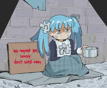 1girl begging blue_eyes blue_hair bruise bruise_on_face crying dirty dirty_clothes dirty_face english_text homeless injury long_hair panhandling personification poverty psicochurroz puzzle_piece_hair_ornament spotlight tears twintails wikipe-tan wikipedia