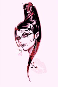 1girl bayonetta bayonetta_(series) closed_mouth earrings eyeliner heart high_ponytail highres jewelry lipstick_mark makeup mascara mole mole_under_mouth oluyemiart pink_background ponytail simple_background solo