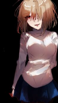 1girl absurdres arcueid_brunestud arm_behind_back black_background blood blood_on_face blood_on_hands blue_skirt blush breasts fang hair_over_one_eye highres miniskirt red_eyes skin_fang skirt smile sungoidekame sweater tsukihime tsukihime_(remake) turtleneck turtleneck_sweater wavy_hair white_sweater