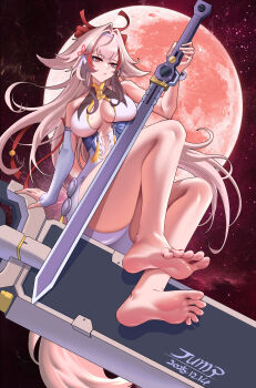 1girl absurdres barefoot blonde_hair feet hairband highres huahuaren_jump long_hair looking_at_viewer red_eyes soles sword tail toes weapon ye_shunguang zenless_zone_zero