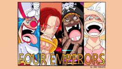 amputee animated beard black_hair blue_hair buggy_the_clown clown clown_nose eric_terlato facial_hair gear_fifth laughing marshall_d._teach monkey_d._luffy one_piece pirate red_hair shanks_(one_piece) smile sword tagme video weapon white_hair