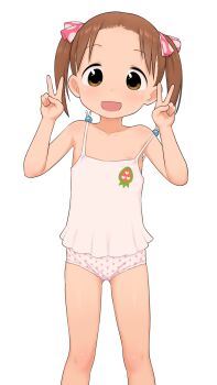 1girl :d blush brown_hair camisole commentary double_v flat_chest food_print fruit_print gluteal_fold hair_ribbon hands_up highres ichigo_mashimaro loli looking_at_viewer matsuoka_miu nipple_slip nipples no_pants open_mouth panties pink_ribbon polka_dot polka_dot_panties polka_dot_ribbon print_camisole ribbon shino_(shinokani) short_hair simple_background smile solo standing strap_slip strawberry_print twintails underwear v white_background white_camisole white_panties