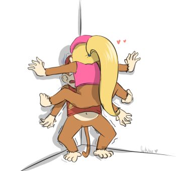 1boy 1girl against_wall ape bad_id bad_pixiv_id beret bottomless cicada_block_(meme) corner diddy_kong dixie_kong donkey_kong_(series) donkey_kong_country donkey_kong_country_2 hat heart hobbang long_hair meme monkey nintendo parody ponytail tail tank_top trembling venusianpeach