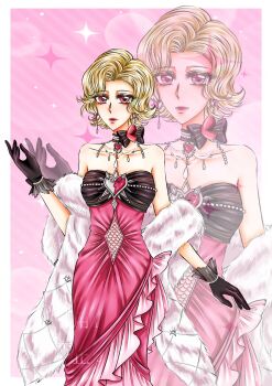 1girl 2000s_(style) absurdres bare_shoulders bead_bracelet bead_necklace beads black_bow black_bowtie black_choker black_gloves blonde_hair border bow bow_choker bowtie bracelet brooch chinese_commentary choker clothing_cutout collarbone commentary_request diamond_cutout dreamy_glimmer_(infinity_nikki) dress earrings eyelashes faux_retro_artstyle feet_out_of_frame frilled_gloves frills fur_shawl gloves heart heart_brooch heart_earrings highres infinity_nikki jewelry landuo941 light_blush light_particles looking_at_viewer mismatched_earrings necklace nikki_(series) outside_border parted_lips pendant_earring pink_background pink_dress pink_eyes pink_lips shawl short_hair solo sparkle stomach_cutout strapless strapless_dress striped_background striped_bow striped_bowtie striped_choker striped_clothes white_border white_shawl zoom_layer