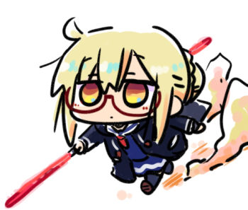 1girl artoria_pendragon_(fate) black_jacket black_socks blonde_hair blue_serafuku blue_shirt blue_skirt blush braid brown_eyes brown_shoes chibi closed_mouth commentary_request dust_cloud energy_sword fate/grand_order fate_(series) full_body glasses hair_between_eyes hair_bun holding holding_sword holding_weapon jacket kasuga_yuuki lightsaber lowres mysterious_heroine_x_alter_(fate) open_clothes open_jacket red-framed_eyewear running sailor_collar school_uniform semi-rimless_eyewear serafuku shirt shoe_soles shoes simple_background skirt socks solo sword under-rim_eyewear weapon white_background white_sailor_collar