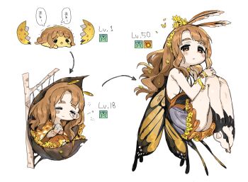 1girl antennae arthropod_girl barefoot blush branch brown_hair bug butterfly butterfly_wings cocoon egg evolution flower frilled_skirt frills hair_flower hair_ornament hatching highres idolmaster idolmaster_million_live! insect insect_wings knees_up legs_together level_up long_hair looking_at_viewer miyao_miya multiple_views nail_polish orange_nails own_hands_together simple_background skirt sleeping spawnfoxy thick_eyebrows wavy_hair white_background wings