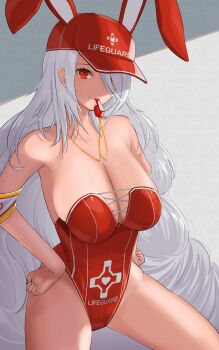 Rule 34 | 1girl, absurdly long hair, absurdres, animal ear headphones, animal ears, armband, azur lane, bare shoulders, breasts, cleavage, fake animal ears, hair over one eye, hand on own hip, headphones, highleg, highleg one-piece swimsuit, highres, holding, holding whistle, large breasts, lifeguard, long hair, mole on body, mouth hold, official alternate costume, one-piece swimsuit, prinz heinrich (azur lane), prinz heinrich (rabbit on watch) (azur lane), red eyes, red one-piece swimsuit, sankyo (821-scoville), solo, strapless, strapless one-piece swimsuit, swimsuit, very long hair, whistle, white hair