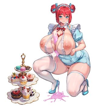 1girl against_glass between_breasts bikini blue_bikini blue_dress blue_eyes blue_ribbon blue_shoes blueberry blush breast_press breast_rest breasts breasts_on_glass breasts_on_tray breath buttons cake chocolate_cake cleavage closed_mouth collarbone covered_navel cream_on_breasts cupcake detached_collar detached_sleeves double-breasted double_bun dress dripping food food_on_body food_on_breasts fotia_of_fireside frilled_bikini frilled_sleeves frills fruit full_body game_asset glass glass_plate groin_tendon hair_bun hair_ribbon high_heels highres holding holding_plate huge_breasts ice_cream large_areolae last_origin lips looking_at_viewer macaron maid maid_bikini maid_headdress melting micro_bikini multicolored_bikini neck_ribbon nipples non-web_source official_alternate_costume official_art on_one_knee phallic_symbol plate plump puffy_nipples puffy_short_sleeves puffy_sleeves pussy red_hair ribbon self-datamine shoes short_dress short_hair short_sleeves shy simple_background simulated_paizuri skindentation solo strawberry string_bikini suggestive_fluid sweets swimsuit tachi-e taut_clothes taut_dress thick_thighs thighhighs thighs tiered_tray transparent_background two-tone_bikini unconventional_maid valentine wavy_mouth white_bikini white_thighhighs wow_(cor369) zettai_ryouiki