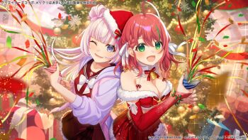 Rule 34 | 2girls, :d, ahoge, artist request, assault lily, bare shoulders, bell, blue eyes, blunt bangs, blurry, blurry background, blush, bow, bowtie, box, braid, braided bangs, breasts, bridal gauntlets, brown sailor collar, christmas, christmas ornaments, christmas tree, cleavage, collarbone, commentary request, confetti, copyright notice, cowboy shot, crop top, frilled skirt, frills, fur-trimmed headwear, fur-trimmed shirt, fur-trimmed skirt, fur trim, gift, gift box, green eyes, green streaks, hair behind ear, hair between eyes, hair bow, hair bun, hair ornament, hair ribbon, halter shirt, halterneck, hands up, hat, heads together, holding, holding party popper, hood, hood down, hooded jacket, indoors, jacket, kanba girls high school uniform, long hair, looking at viewer, lower teeth only, medium breasts, medium hair, multicolored hair, multicolored jacket, multiple girls, neck bell, neck ribbon, official alternate costume, official art, one eye closed, open clothes, open jacket, open mouth, parted lips, party popper, pink bow, pink hair, pink jacket, pink scrunchie, purple jacket, red bridal gauntlets, red hair, red ribbon, red skirt, ribbon, sailor collar, santa costume, santa hat, school uniform, scrunchie, serafuku, shibukawa chie, shirt, side-by-side, single side bun, skirt, smile, sparkle, standing, star (symbol), star hair ornament, streaked hair, striped ribbon, tamba akari, teeth, tilted headwear, two-tone jacket, white bow, white bowtie, white ribbon, wrist scrunchie