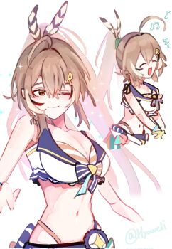 1girl ahoge bikini blue_bikini brown_eyes brown_hair closed_eyes feather_hair_ornament feathers front-tie_bikini_top front-tie_top hair_ornament hairclip highleg highleg_bikini highres hololive hololive_english hololive_summer_2023_swimsuit layered_bikini long_hair multicolored_bikini multiple_views nanashi_mumei official_alternate_costume one_eye_closed ponytail smile striped_bikini striped_clothes swimsuit two-tone_bikini very_long_hair virtual_youtuber weiiyxn