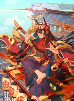 1girl animal_ears barefoot brown_hair fox_ears fox_girl fox_mask ginsetsu_(shadowverse) highres leaf madai_mao_monu maple_leaf mask shadowverse solo solo_focus tagme