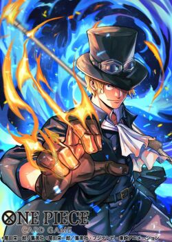 1boy ascot blonde_hair closed_mouth coat commentary_request copyright_name fire gloves goggles goggles_on_headwear hat hat_over_one_eye holding holding_weapon looking_at_viewer male_focus official_art one_piece one_piece_card_game sabo_(one_piece) scar scar_on_face short_hair smile solo tobo_katsuo weapon white_ascot