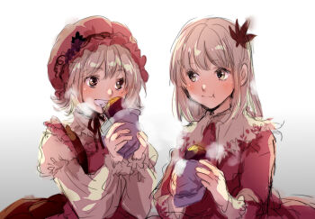 Rule 34 | 2girls, aki minoriko, aki shizuha, apron, blonde hair, commentary request, eating, food, grape hat ornament, hair ornament, holding, holding food, koma midori, leaf hair ornament, long sleeves, multiple girls, puffy long sleeves, puffy sleeves, red apron, red eyes, red shirt, shirt, smile, steam, sweet potato, teeth, touhou