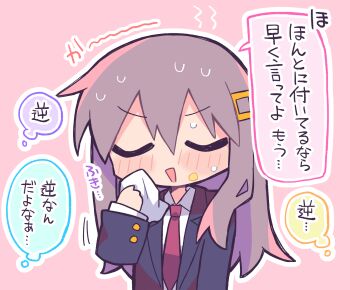 Rule 34 | 1girl, black pantyhose, blazer, blue jacket, border, brown shoes, buttoned cuffs, buttons, collared shirt, commentary request, confused, convenient skirt, from side, grey hair, hair between eyes, highres, inset border, jacket, loafers, long hair, long sleeves, looking at viewer, miniskirt, napkin, necktie, open clothes, open jacket, original, pantyhose, pink eyes, pleated skirt, red necktie, red skirt, richard (richaball), school uniform, shirt, shoes, sidelocks, simple background, skirt, solo, speech bubble, translation request, twitter username, white border, white shirt