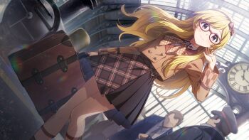 1girl 2boys bespectacled blonde_hair briefcase brown_hairband brown_jacket brown_skirt card_commentary closed_mouth commentary_request dutch_angle emily_stewart feet_out_of_frame game_asset glasses hair_down hairband hand_up holding holding_briefcase idolmaster idolmaster_million_live! idolmaster_million_live!_theater_days jacket long_hair long_sleeves miniskirt multiple_boys official_alternate_costume official_alternate_hairstyle official_art plaid_clothes plaid_skirt pleated_skirt purple_eyes red-framed_eyewear skirt smile third-party_source train_station