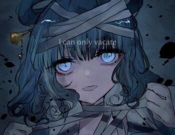 1girl bandaged_head bandaged_neck bandages blue_background blue_eyes blue_hair commentary_request hair_ornament hair_rings hair_stick kaku_seiga looking_at_viewer one-hour_drawing_challenge open_mouth portrait shinjitsu_no_kuchi short_hair smile solo touhou