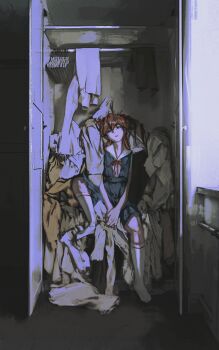 1girl absurdres blue_dress blue_eyes clothes_hanger dress full_body hair_between_eyes highres indoors interface_headset_(evangelion) knee_up kneehighs long_hair looking_at_viewer neck_ribbon neon_genesis_evangelion no_shoes orange_hair parted_lips red_ribbon ribbon school_uniform shiej007 short_sleeves sitting socks solo souryuu_asuka_langley tokyo-3_middle_school_uniform unworn_clothes wardrobe white_socks window