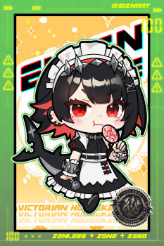 1girl artist_name black_hair blush candy character_name chibi chibi_only colored_inner_hair commentary copyright_name ellen_joe english_commentary fins fish_tail food hair_ornament hairband highres holding holding_candy holding_food holding_lollipop lollipop looking_at_viewer maid maid_headdress metal_hairband mole mole_under_eye multicolored_hair red_eyes red_hair scar scar_on_tail shark_girl shark_tail short_hair sizna_(sangrde) solo spiked_headband tail two-tone_hair zenless_zone_zero
