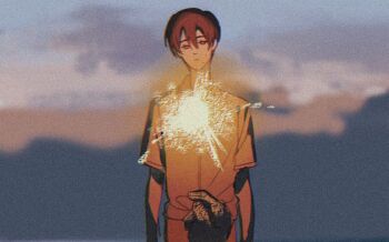 Rule 34 | 2boys, black hair, expressionless, fireworks, golden hour, hikaru ga shinda natsu, iria arts, looking at viewer, multiple boys, outdoors, shirt, sky, sparkler, tsujinaka yoshiki, usada hikaru, white shirt