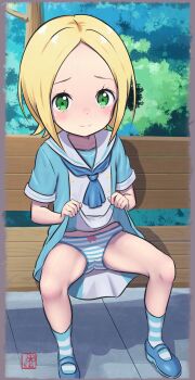 1girl absurdres bench blonde_hair blue_dress blue_neckerchief blue_shoes blue_socks blush bow bow_panties clothes_lift commission dress dress_lift elementary_(lolipope) forehead green_eyes highres lifting_own_clothes loli looking_at_viewer neckerchief on_bench outdoors panties pixiv_commission rafiel_thompson re:zero_kara_hajimeru_isekai_seikatsu sailor_collar sailor_dress shoes short_hair sitting socks solo spread_legs striped_clothes striped_panties striped_socks underwear white_sailor_collar