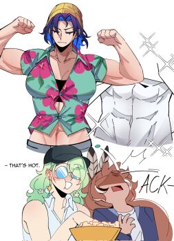 Rule 34 | 3girls, abs, ahoge, baseball cap, blue hair, breasts, brown hair, ceres fauna, cleavage, earrings, feather hair ornament, feathers, flexing, flower, flying button, food, green hair, hair flower, hair ornament, hat, hawaiian shirt, highres, hololive, hololive english, jewelry, kpop demon hunters, long hair, mochiparrot, multicolored hair, multiple girls, nanashi mumei, ouro kronii, parody, popcorn, shirt, short hair, streaked hair, sunglasses, virtual youtuber, white background, yuri