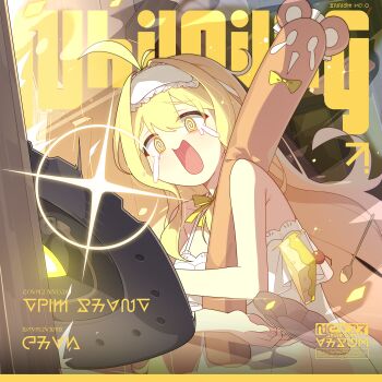 1girl @_@ album_cover blonde_hair breasts cover dress dripping_eye fake_cover game_cg glint here&#039;s_johnny!_(meme) highres large_breasts long_hair mask mask_on_head meme non-web_source official_art open_mouth parody raised_inner_eyebrows ridge_(stella_sora) shovel sleep_mask sleeveless sleeveless_dress solo stella_sora the_shining very_long_hair white_dress